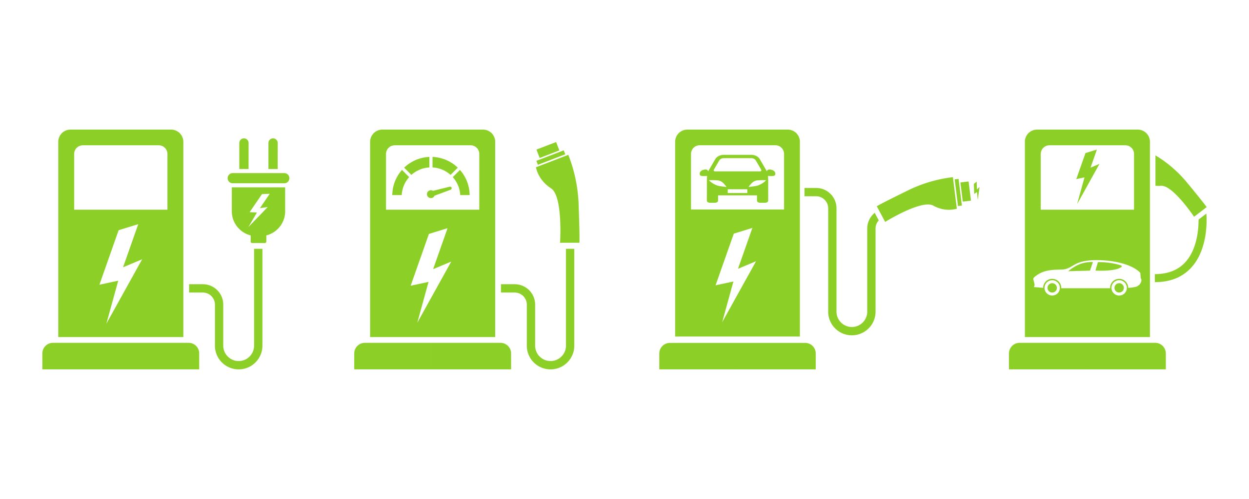 Set of charge stations for electric auto. Charger and plug for car.